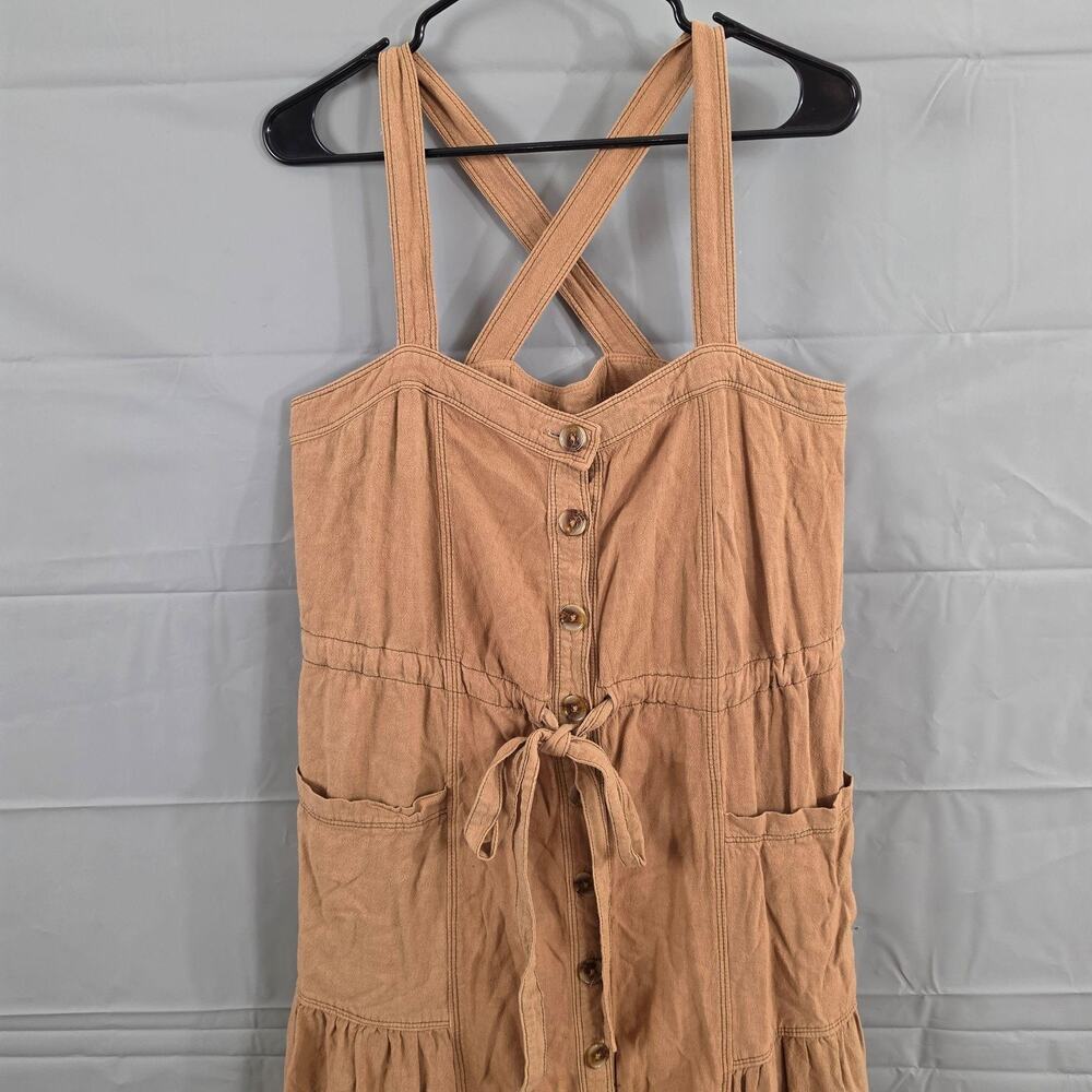 Free People Dress Medium Catch the Breeze Tan Linen Midi Brown Boho Casual - Picture 4 of 12
